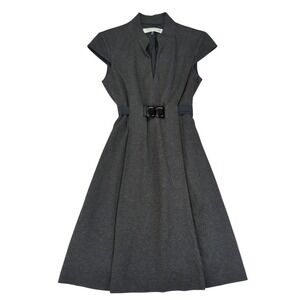 Trina Turk Dress Womens 2 Gray Fit & Flare Short Sleeve Belted‎ Career Sheath